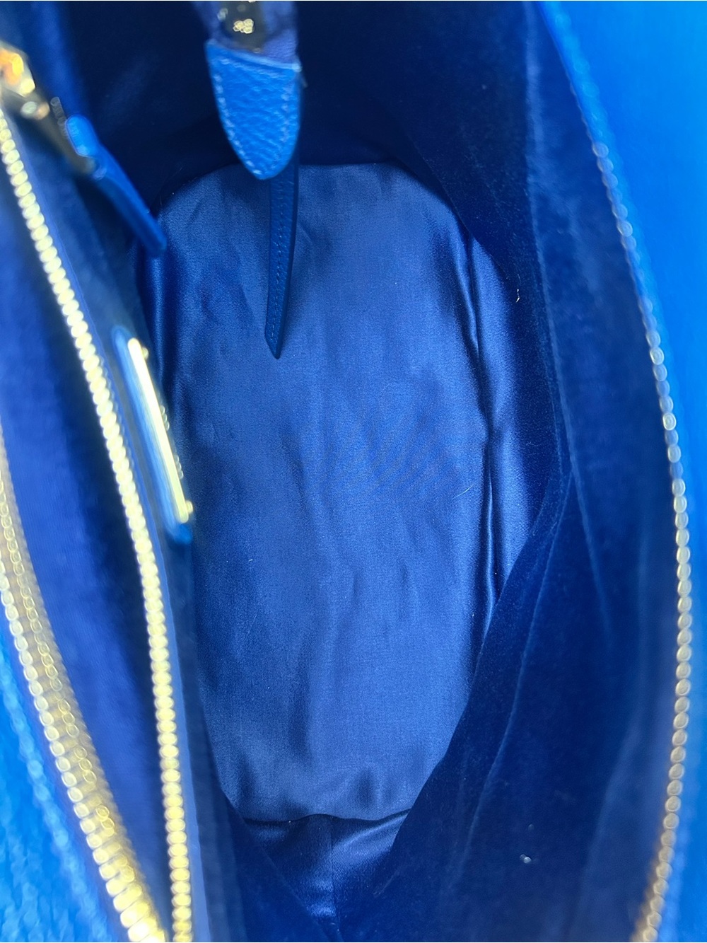 Miu Miu Cobalt Blue Pebbled Leather Crossbody Bucket Bag with Striped Web Strap - Picture 6 of 9